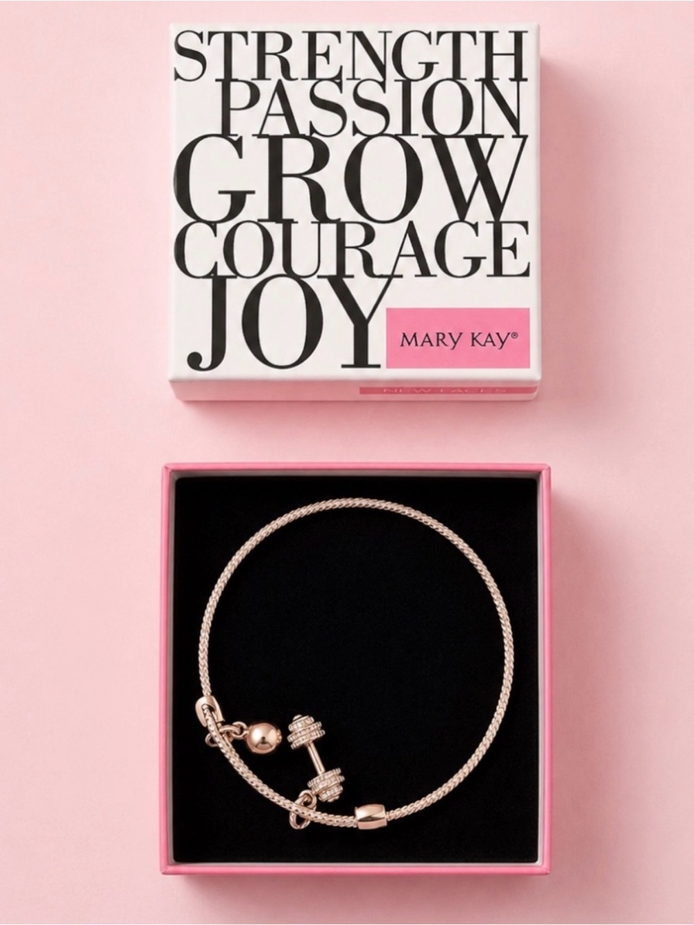 Mary Kay Rose Gold Tone New Faces Charm Bangle Bracelet w/ Dumbbell NWT